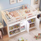 Lit double mezzanine bas avec lumières LED, escalier et barrières de sécurité, lit enfant moderne en pin, blanc/menthe/gris