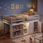 Lit double mezzanine bas avec lumières LED, escalier et barrières de sécurité, lit enfant moderne en pin, blanc/menthe/gris