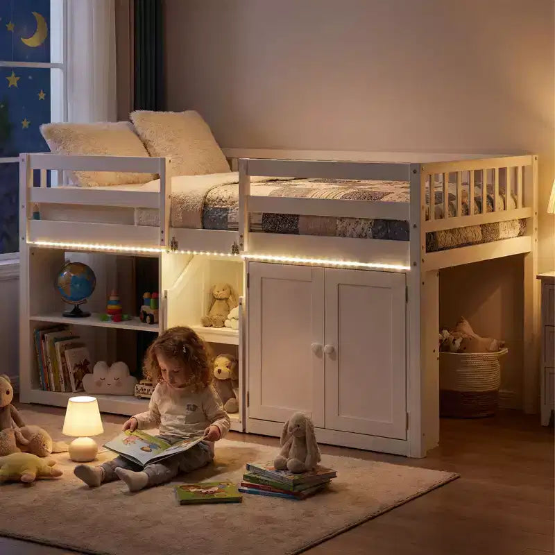 Lit double mezzanine bas avec lumières LED, escalier et barrières de sécurité, lit enfant moderne en pin, blanc/menthe/gris