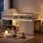 Lit double mezzanine bas avec lumières LED, escalier et barrières de sécurité, lit enfant moderne en pin, blanc/menthe/gris