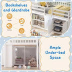 Lit double mezzanine bas avec lumières LED, escalier et barrières de sécurité, lit enfant moderne en pin, blanc/menthe/gris