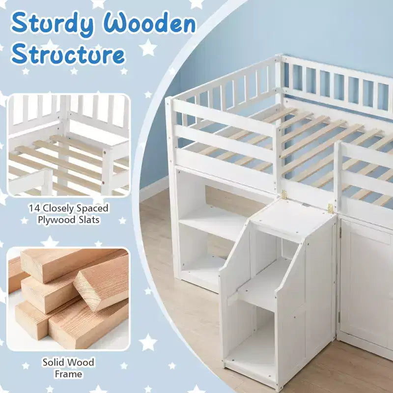 Lit double mezzanine bas avec lumières LED, escalier et barrières de sécurité, lit enfant moderne en pin, blanc/menthe/gris