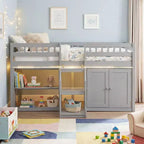 Lit double mezzanine bas avec lumières LED, escalier et barrières de sécurité, lit enfant moderne en pin, blanc/menthe/gris