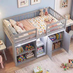 Lit double mezzanine bas avec lumières LED, escalier et barrières de sécurité, lit enfant moderne en pin, blanc/menthe/gris
