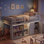 Lit double mezzanine bas avec lumières LED, escalier et barrières de sécurité, lit enfant moderne en pin, blanc/menthe/gris