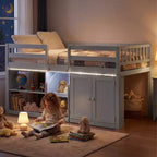 Lit double mezzanine bas avec lumières LED, escalier et barrières de sécurité, lit enfant moderne en pin, blanc/menthe/gris