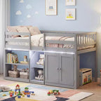 Costway Low Loft Bed with LED Light, Stairs & Guardrails, Modern Wood Kids Twin Bed White/Mint Green/Gray