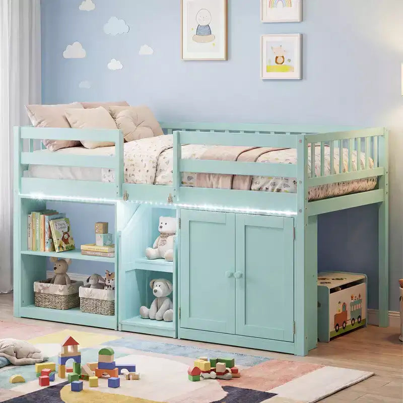 Lit double mezzanine bas avec lumières LED, escalier et barrières de sécurité, lit enfant moderne en pin, blanc/menthe/gris