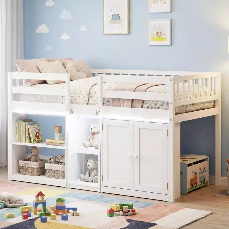 Lit double mezzanine bas avec lumières LED, escalier et barrières de sécurité, lit enfant moderne en pin, blanc/menthe/gris