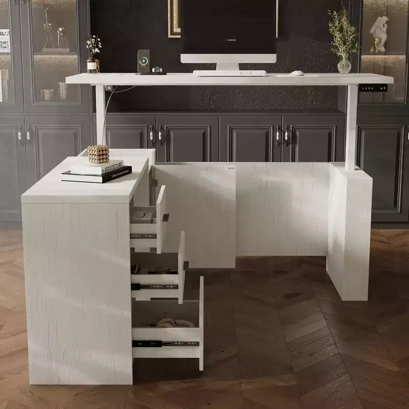 Bureau d'angle électrique réglable en hauteur avec tiroirs de rangement et ports de charge, 4 préréglages de mémoire, pour bureau à domicile