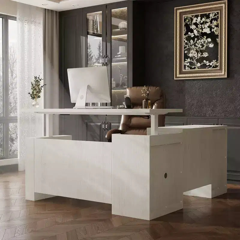 Bureau d'angle électrique réglable en hauteur avec tiroirs de rangement et ports de charge, 4 préréglages de mémoire, pour bureau à domicile