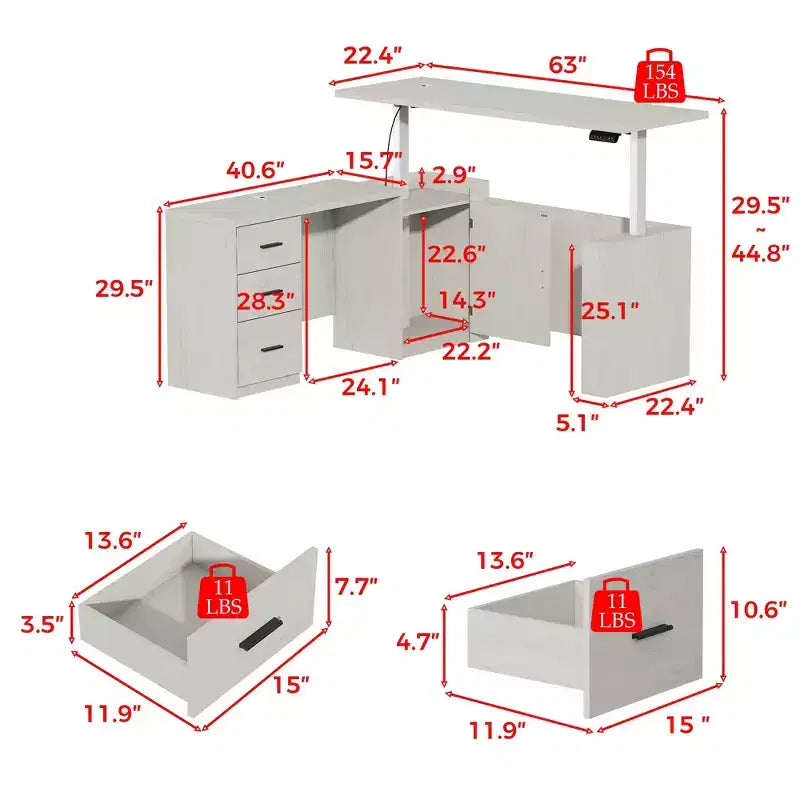 Bureau d'angle électrique réglable en hauteur avec tiroirs de rangement et ports de charge, 4 préréglages de mémoire, pour bureau à domicile