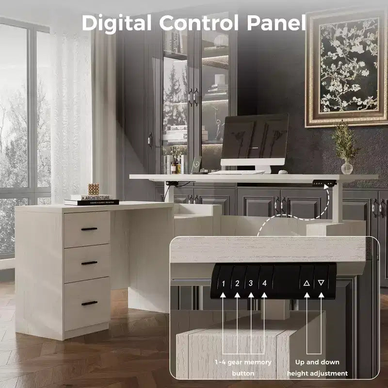 Bureau d'angle électrique réglable en hauteur avec tiroirs de rangement et ports de charge, 4 préréglages de mémoire, pour bureau à domicile