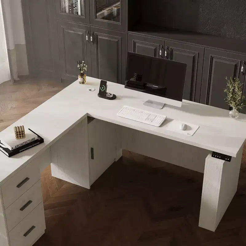 Bureau d'angle électrique réglable en hauteur avec tiroirs de rangement et ports de charge, 4 préréglages de mémoire, pour bureau à domicile