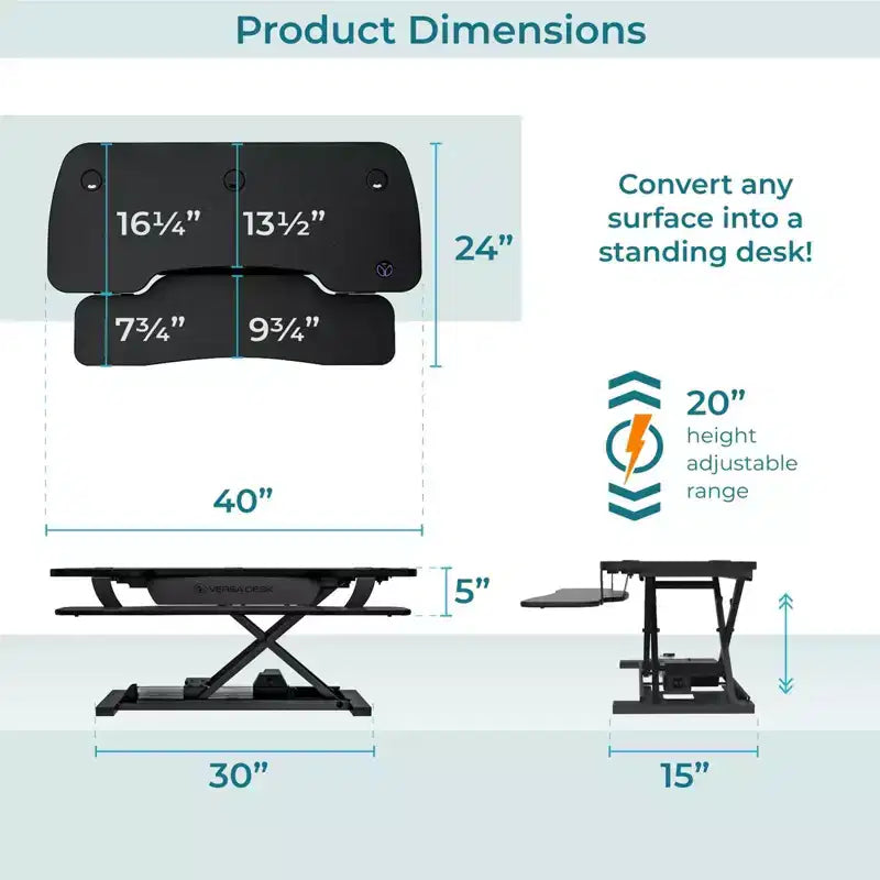 Convertisseur de bureau assis-debout électrique réglable en hauteur 40", port USB, contrôle via application, noir