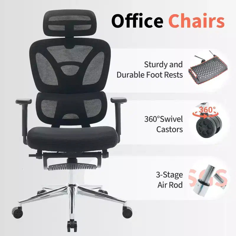 Fauteuil de bureau ergonomique à dossier haut en maille, avec support lombaire réglable, appui-tête et repose-pieds rembourrés, pour bureau à domicile et étude