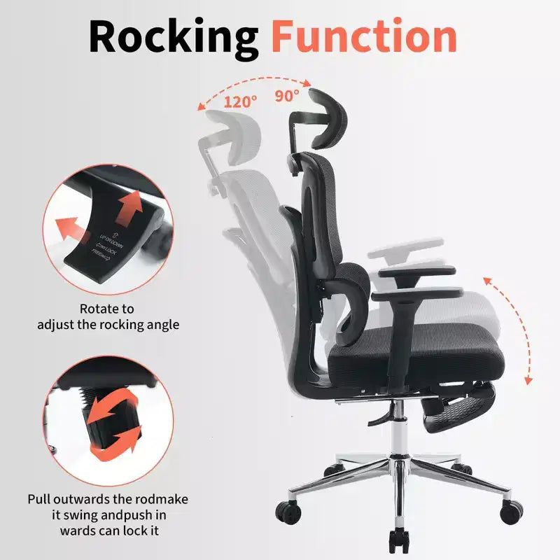 Fauteuil de bureau ergonomique à dossier haut en maille, avec support lombaire réglable, appui-tête et repose-pieds rembourrés, pour bureau à domicile et étude
