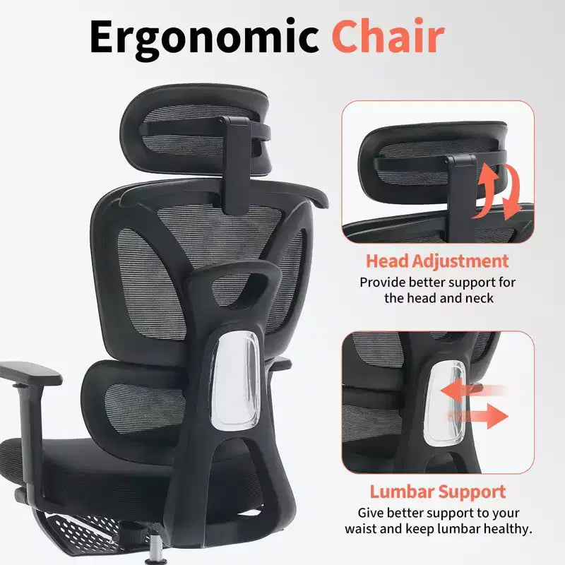 Fauteuil de bureau ergonomique à dossier haut en maille, avec support lombaire réglable, appui-tête et repose-pieds rembourrés, pour bureau à domicile et étude