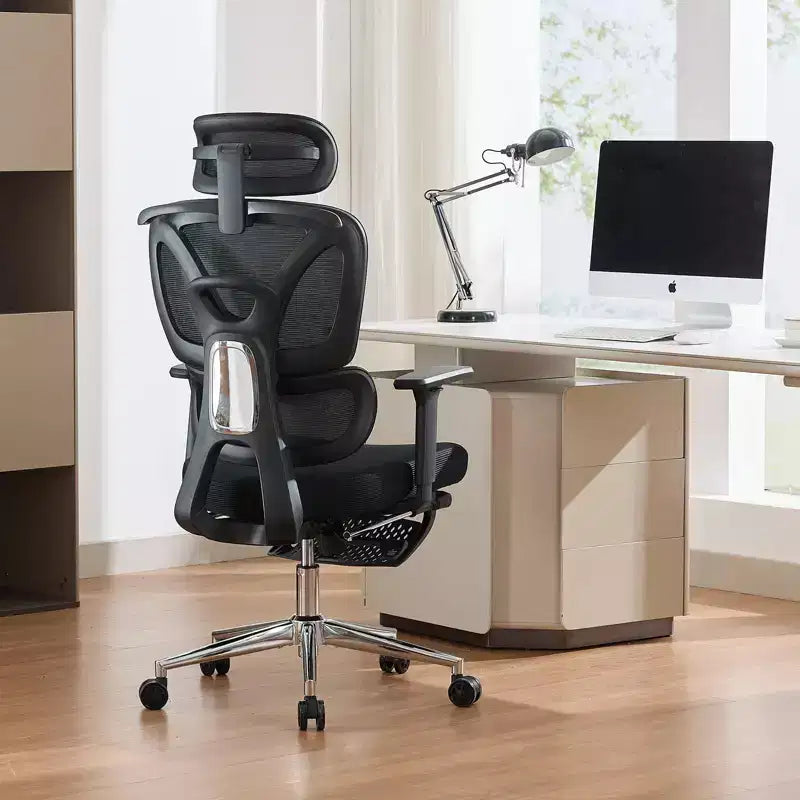 Fauteuil de bureau ergonomique à dossier haut en maille, avec support lombaire réglable, appui-tête et repose-pieds rembourrés, pour bureau à domicile et étude