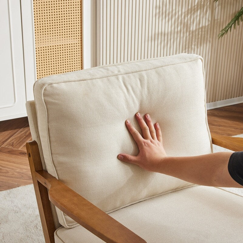 Fauteuil d'appoint rembourré en mélange de lin avec pieds en bois et un oreiller beige