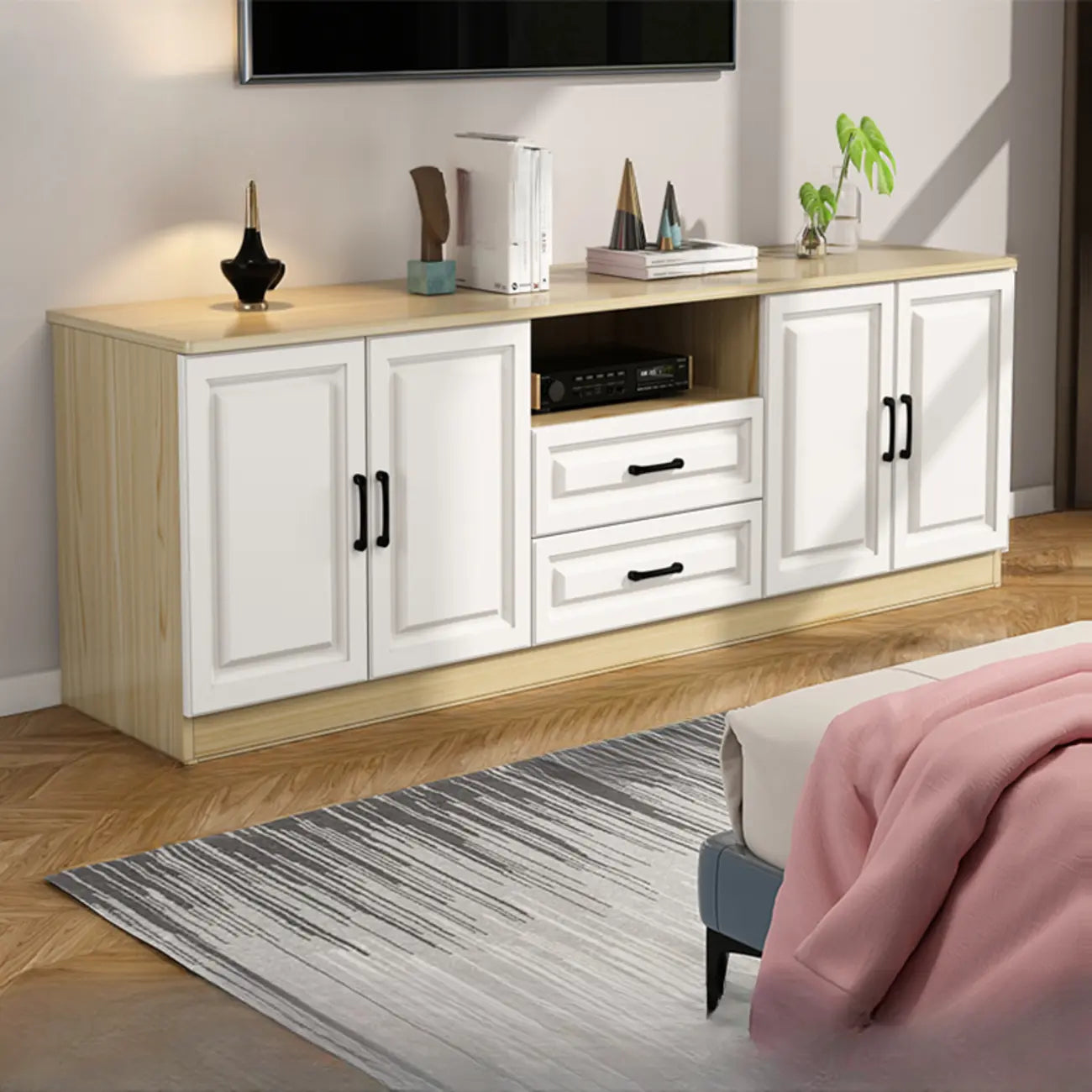 Meuble TV moderne blanc en bois avec rangement et gestion des câbles