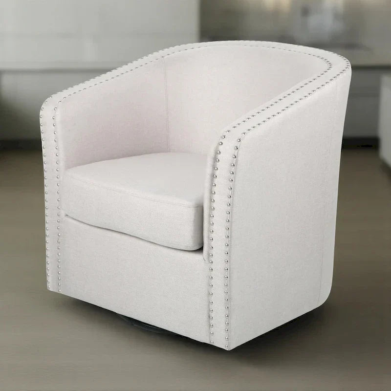 Fauteuil pivotant, style baril rond classique, tissu beige blé