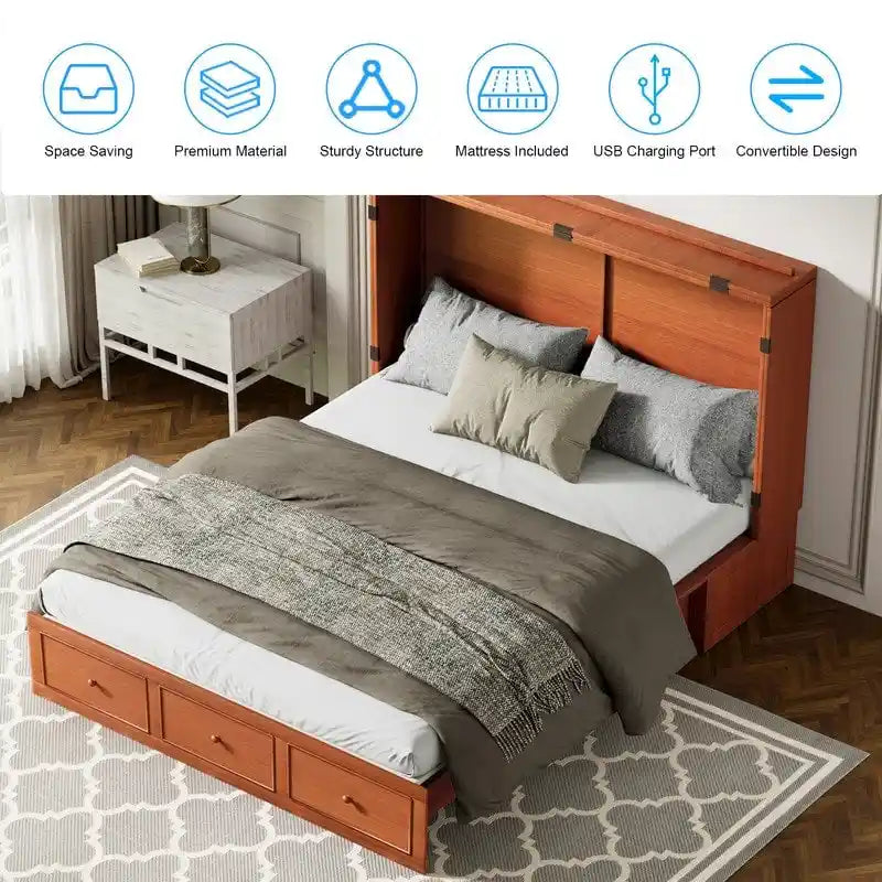 Lit escamotable avec matelas pliable, lit-armoire cube moderne avec tiroir de rangement et station de charge USB