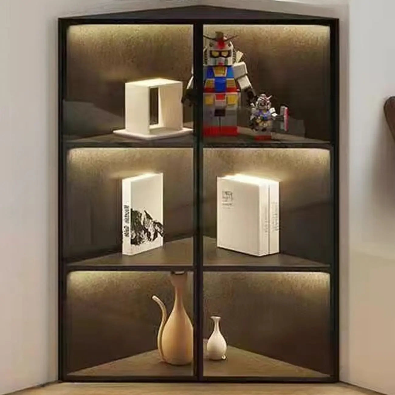 Meuble d'angle d'exposition moderne en bois et métal gris avec porte vitrée