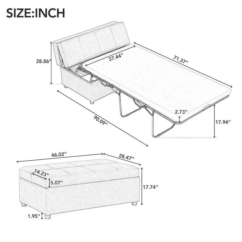 Lit d'appoint pliable ottoman convertible Twin Size avec matelas, canapé-lit rembourré en PU