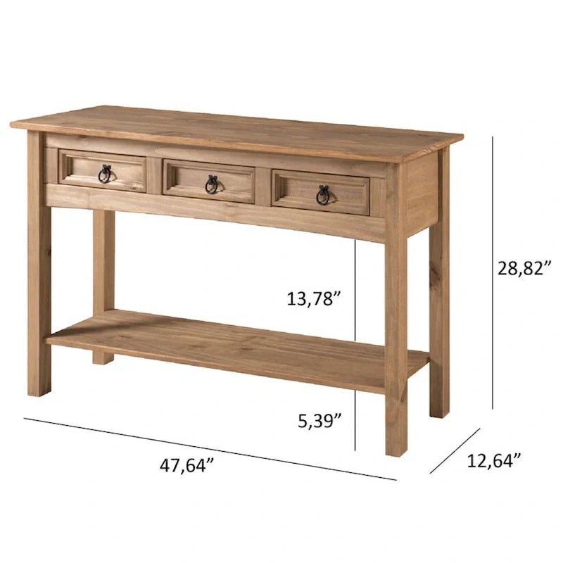 Console de couloir rustique en pin massif, blanc cérusé / marron antique / gris cérusé / non peinte, 3 tiroirs