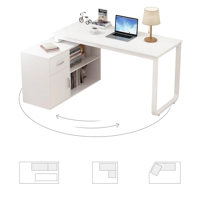 Bureau d'angle réversible blanc pivotant Bureau d'ordinateur