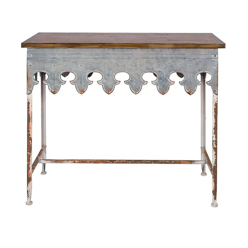 Console en métal finition zinc et bois à bord festonné