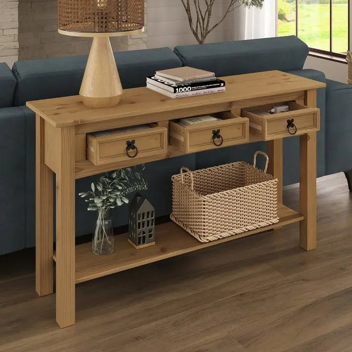 Console de couloir rustique en pin massif, blanc cérusé / marron antique / gris cérusé / non peinte, 3 tiroirs