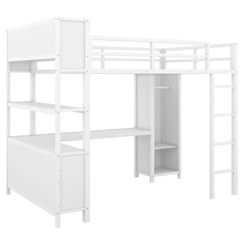 Lit mezzanine en métal blanc cassé avec bureau et armoire - Grand lit