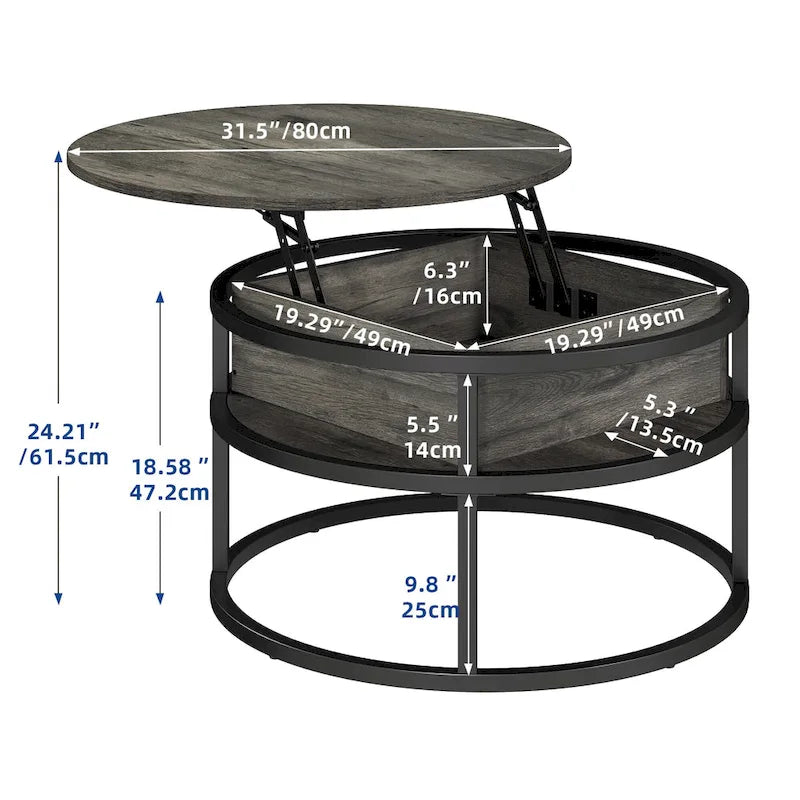 Table basse ronde relevable et extensible avec rangement dissimulé