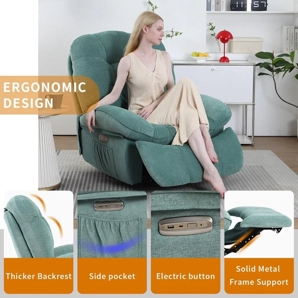 Fauteuil inclinable pivotant XINMICS, Fauteuils inclinables à bascule de massage avec fonction chauffante, ports USB, USB-C et pochette latérale