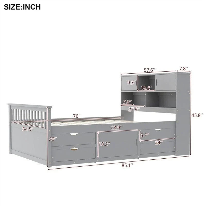 Lit plateforme capitaine double/grand avec 4 tiroirs et étagères de rangement, cadre de lit en bois massif avec tête de lit bibliothèque de rangement