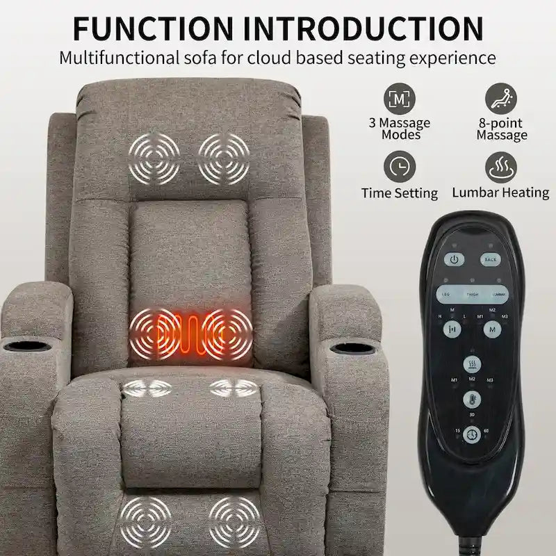 Fauteuil inclinable releveur électrique, fauteuil de massage moderne à moteur unique avec chauffage lombaire, port de chargement USB, porte-gobelets