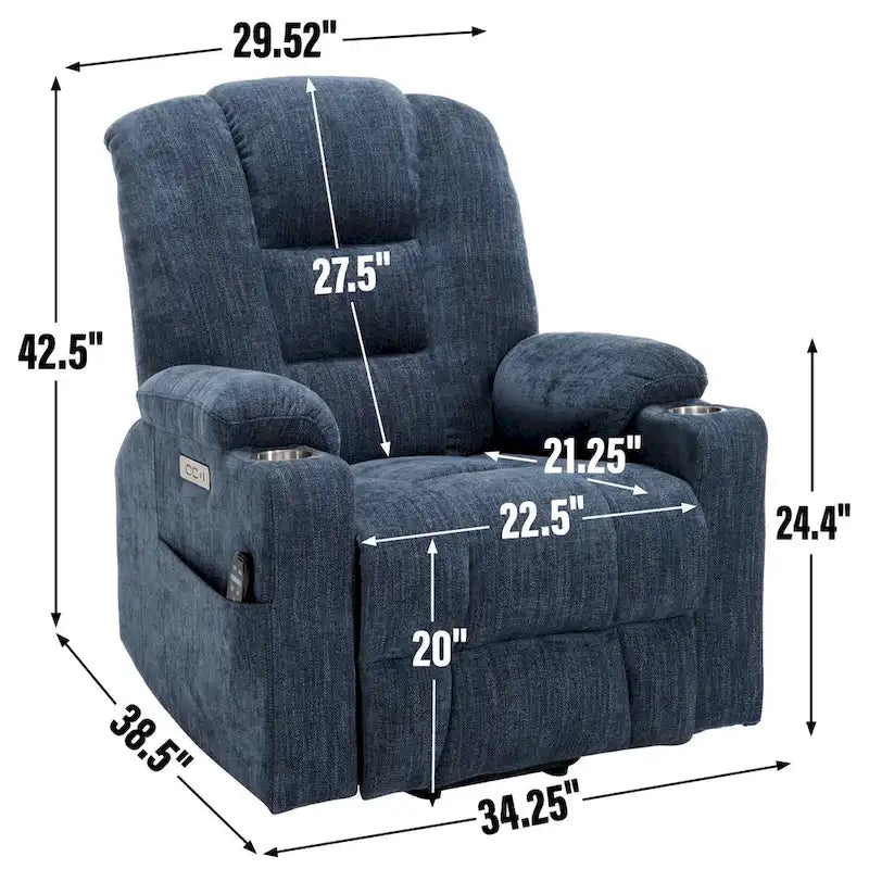 Fauteuil inclinable Power Lift avec massage et chaleur, fauteuils inclinables larges et rembourrés Lazy Boy avec ports USB, Type C et 2 porte-gobelets en acier