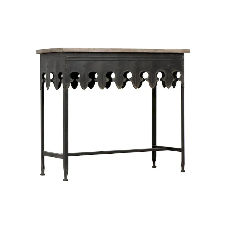 Console en métal finition zinc et bois à bord festonné