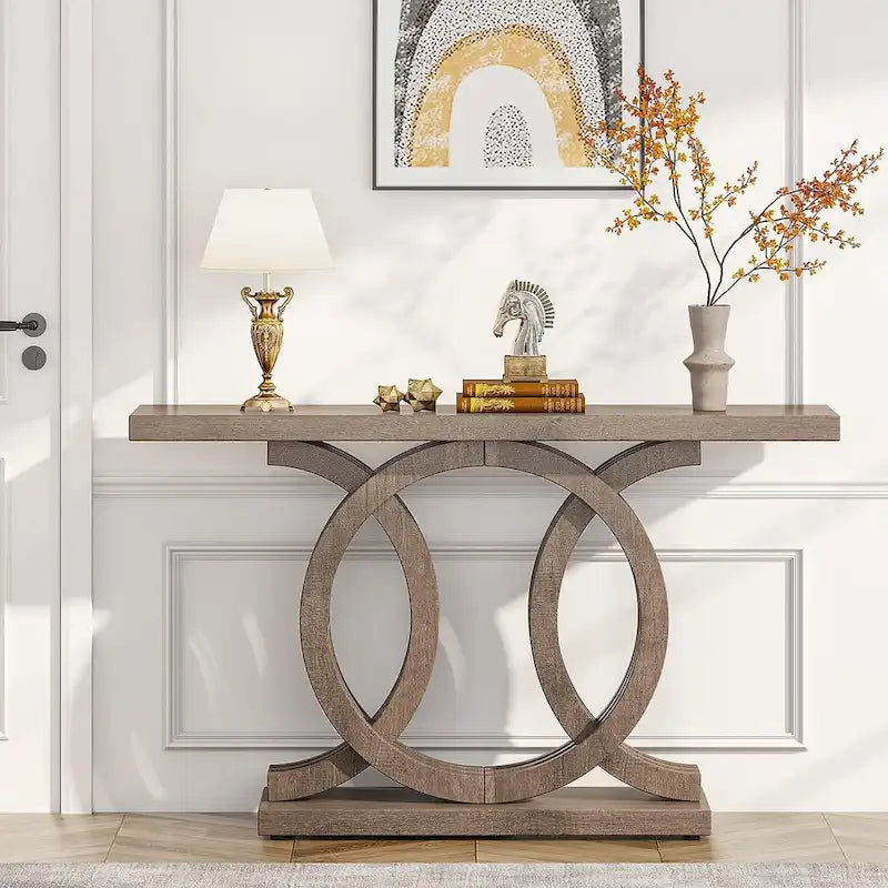 Console de style vintage avec base géométrique, table de couloir en bois