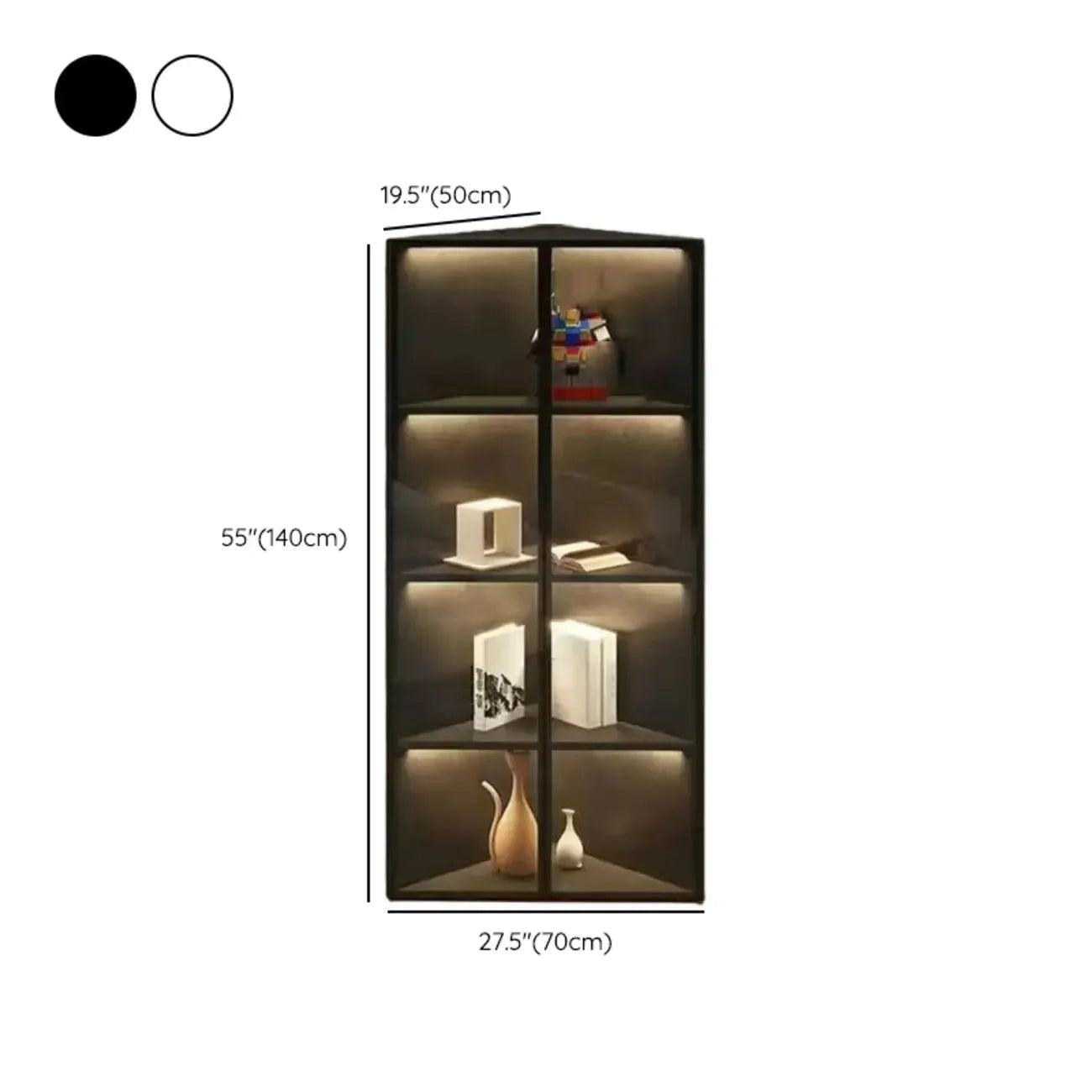 Meuble d'angle d'exposition moderne en bois et métal gris avec porte vitrée
