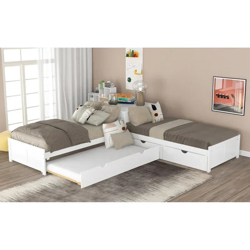 Lit plateforme en L moderne blanc de taille double avec lit gigogne et tiroirs pour chambre à coucher