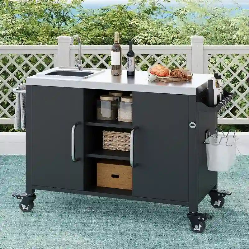 Dessin d'îlot de cuisine extérieure avec évier, station d'évier de chariot de bar extérieur avec 4 roues verrouillables