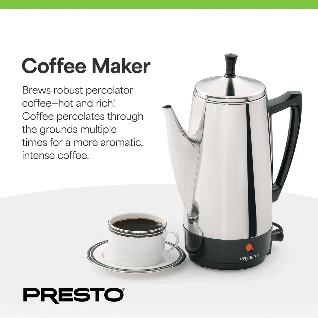 Cafetière à percolateur Presto en acier inoxydable, 12 tasses, robuste, argent - 2.79