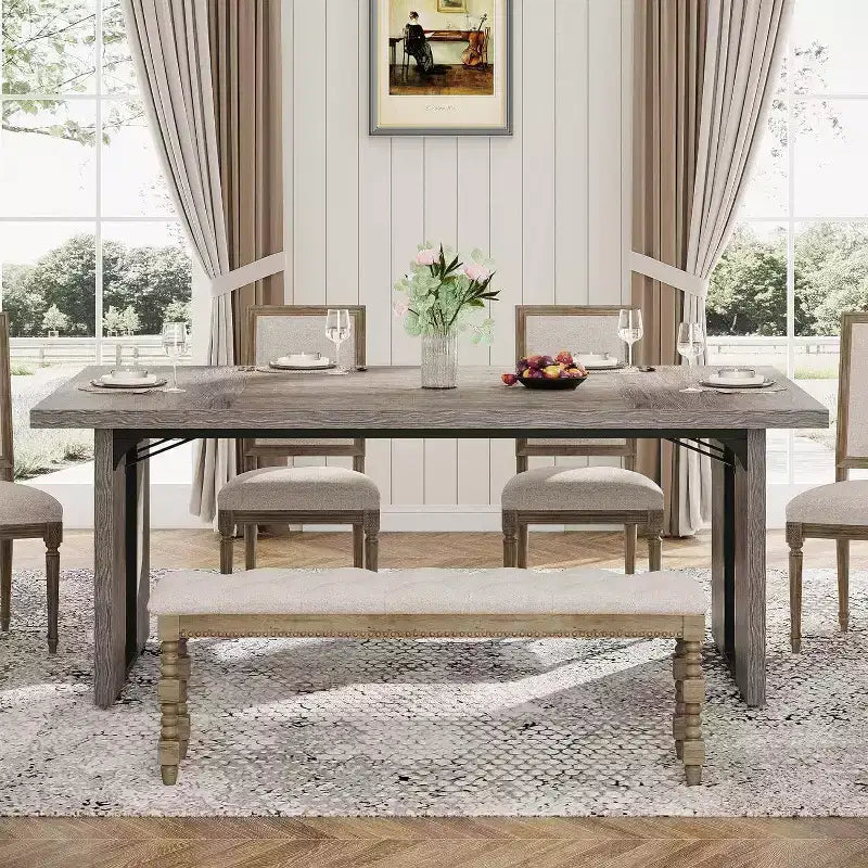 Table à manger rectangulaire grise de 180 cm, 6 places, double piédestal, capacité de 68 kg