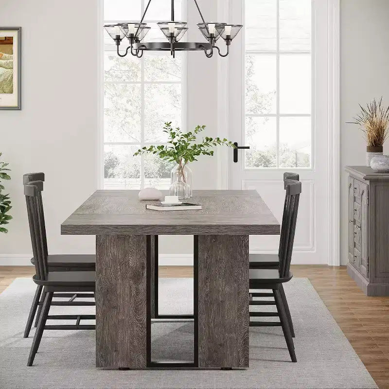 Table à manger rectangulaire grise de 180 cm, 6 places, double piédestal, capacité de 68 kg