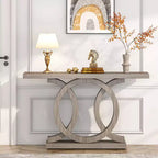 Table console de 55" gris style ferme, cadre géométrique en bois, plateau imperméable, capacité de 200 lb