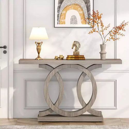 Table console de 55" gris style ferme, cadre géométrique en bois, plateau imperméable, capacité de 200 lb