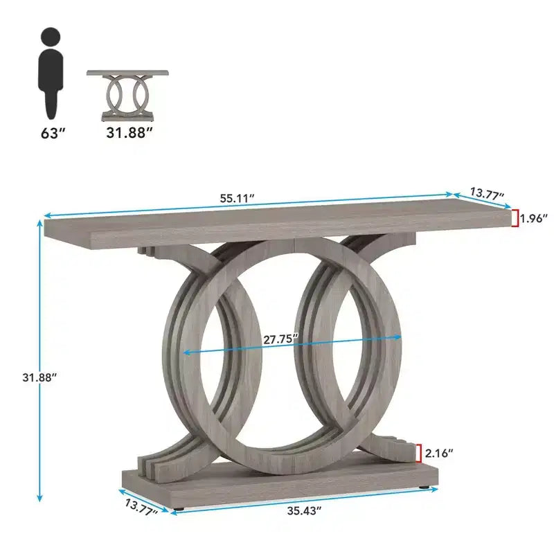 Table console de 55" gris style ferme, cadre géométrique en bois, plateau imperméable, capacité de 200 lb